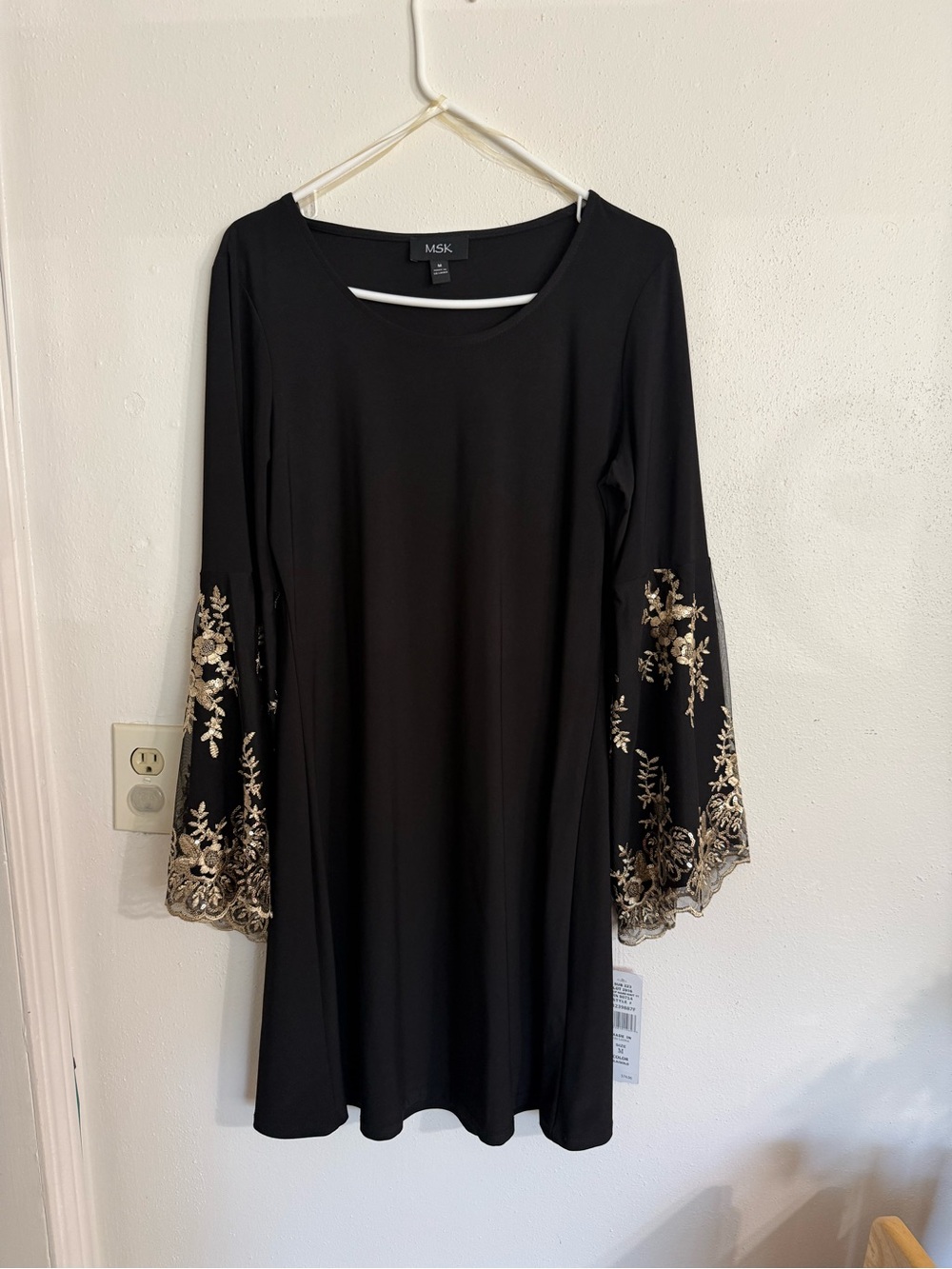 MSK Black Gold Embroidered Long Flare Bell Sleeve Dress